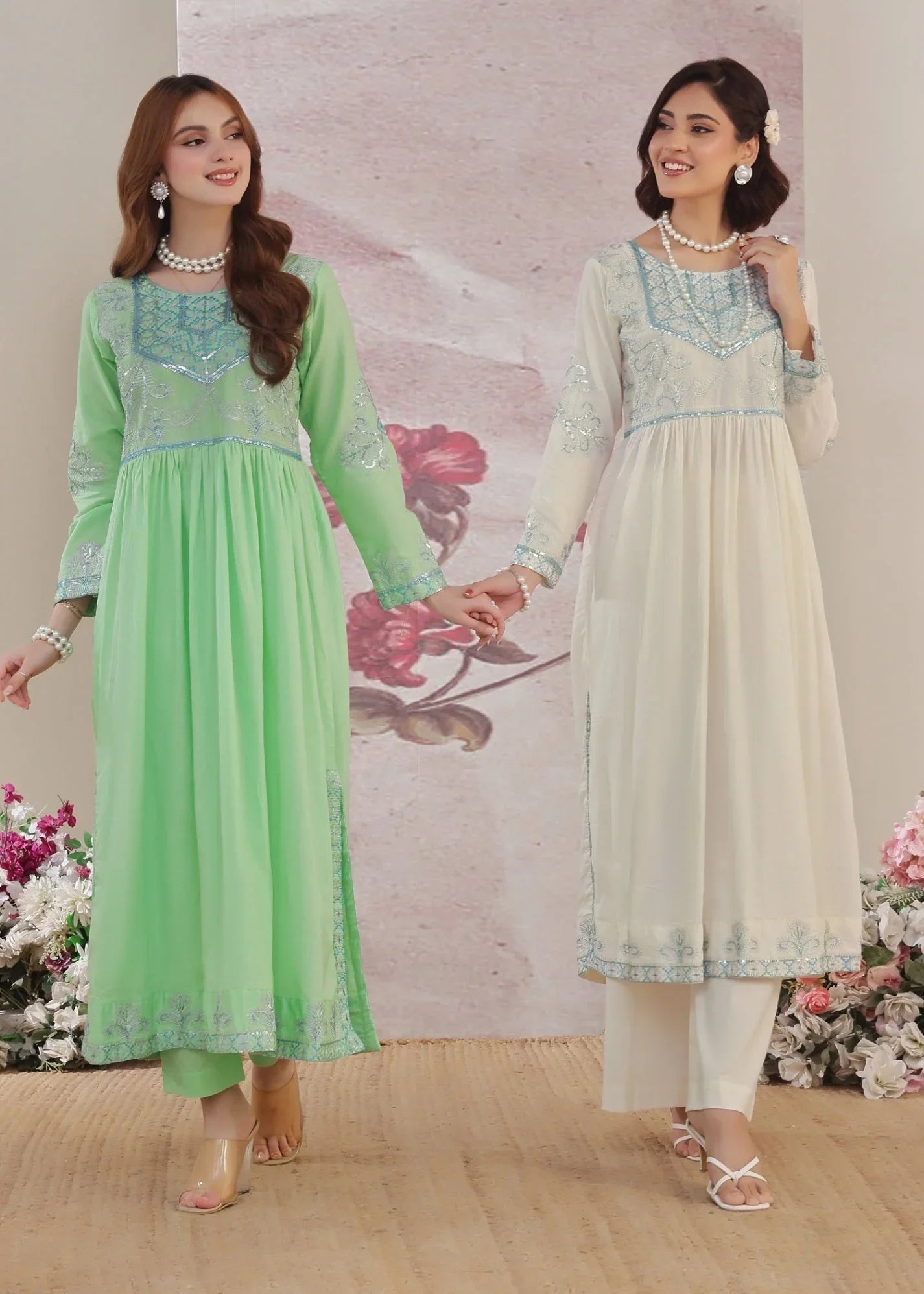 Ladies Embroidered Off-White Kurta Set Online in UK USA Canada