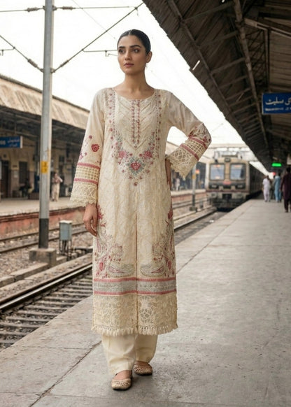 Ladies Embroidered Off White Lawn Shalwar Kameez Online in UK USA Canada