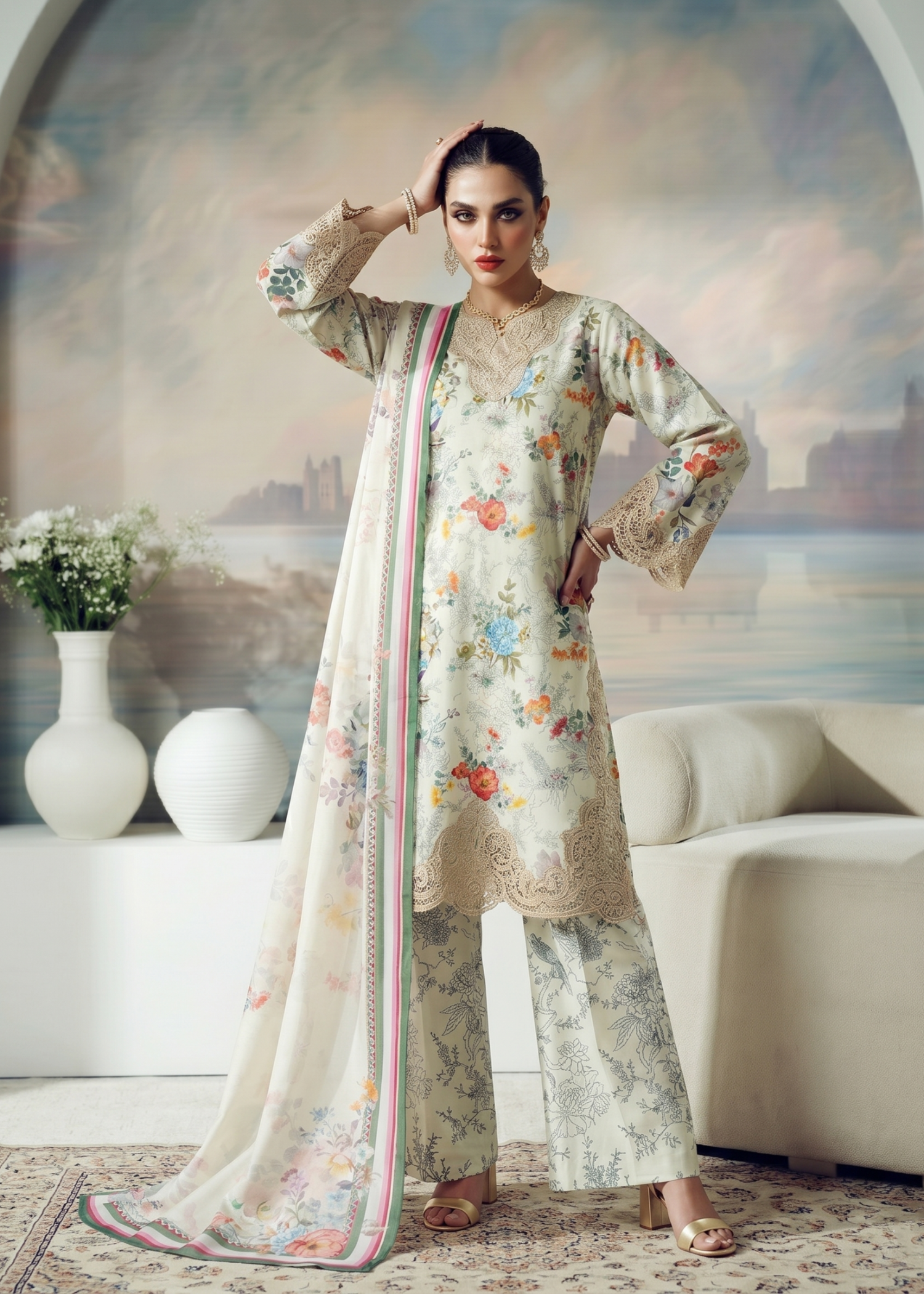 Ladies Embroidered Off-White Lawn Shalwar Kameez Online in UK USA Canada
