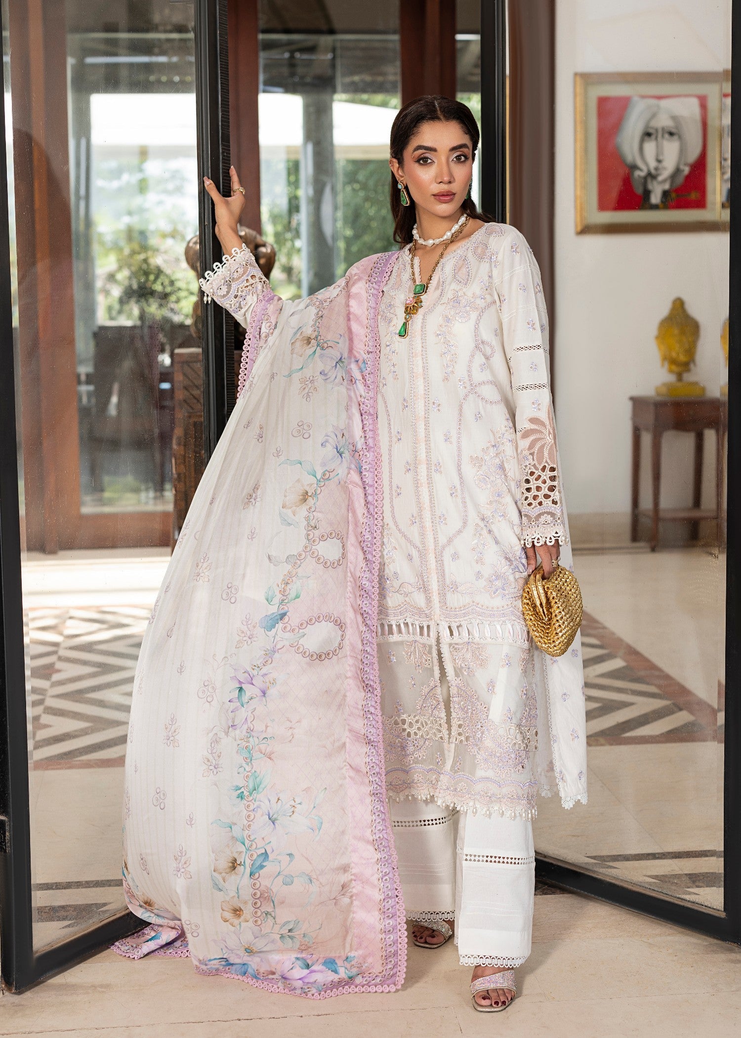 Ladies Embroidered Off-White Lawn Suit Online in UK USA Canada