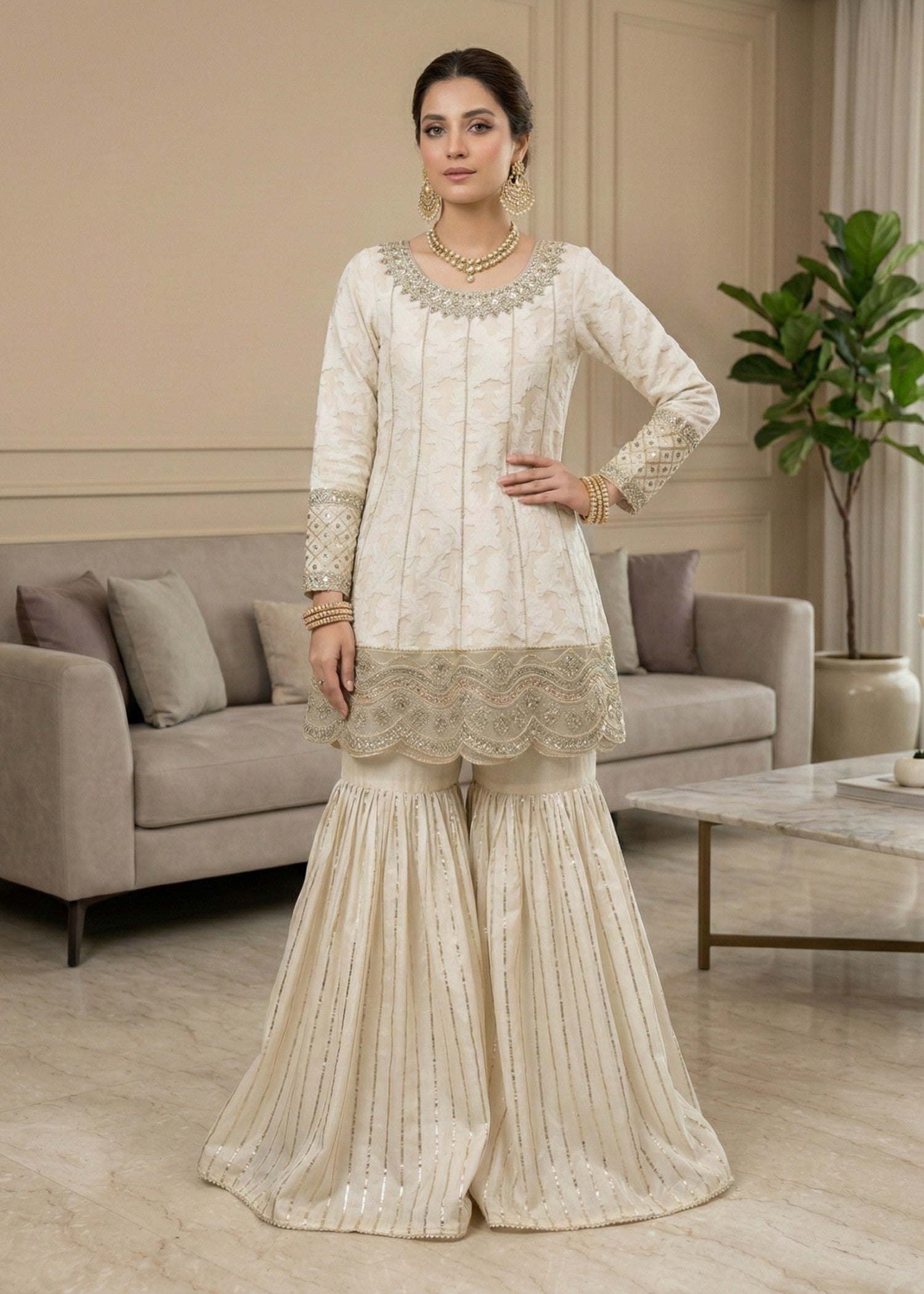 Ladies Embroidered Off-White Net Shalwar Kameez Online in UK USA Canada