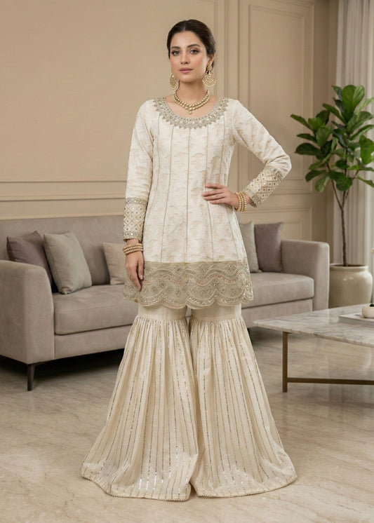 Ladies Embroidered Off-White Net Shalwar Kameez Online in UK USA Canada