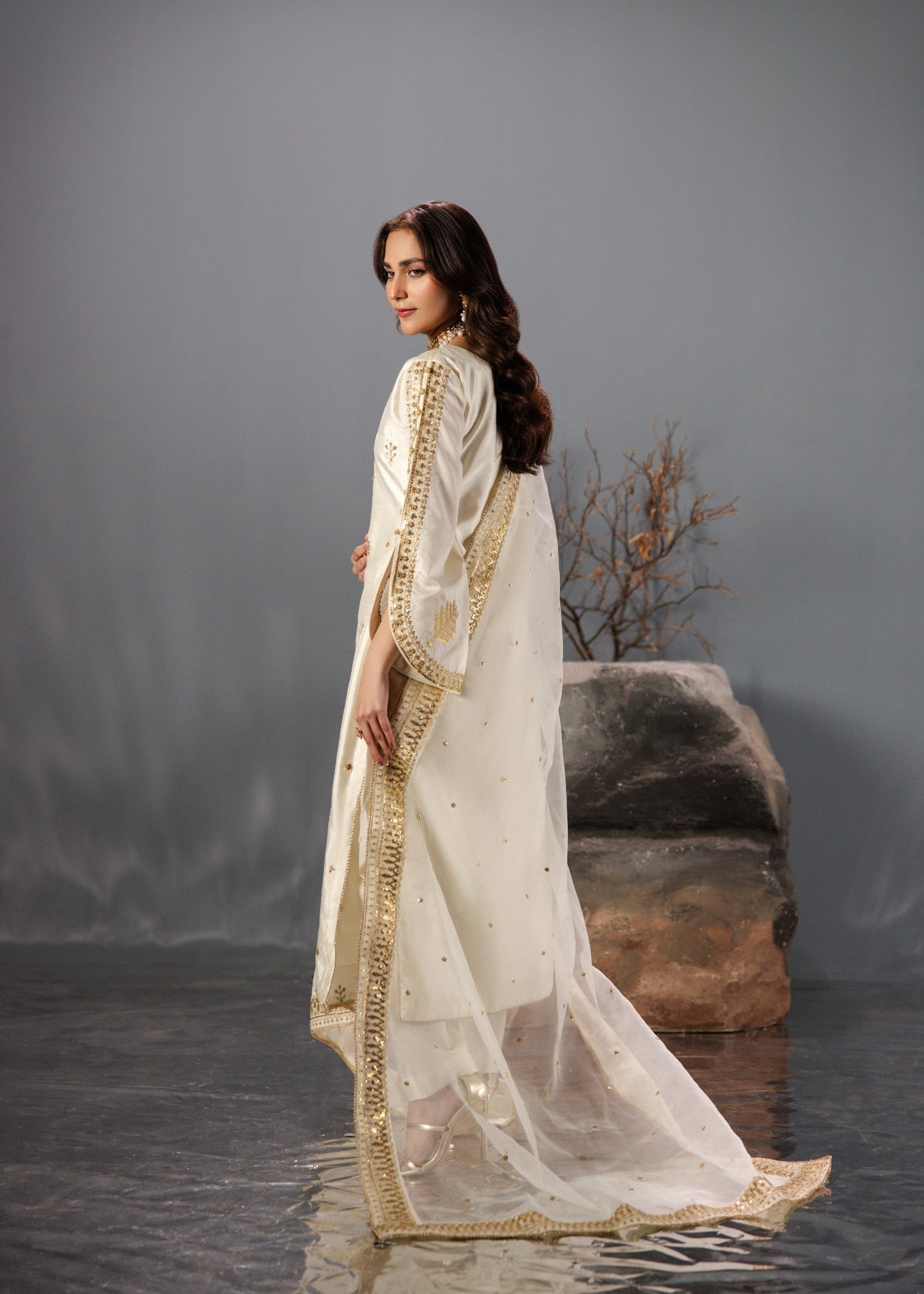 Ladies Embroidered Off-White Organza Dupatta Set Online in UK USA Canada