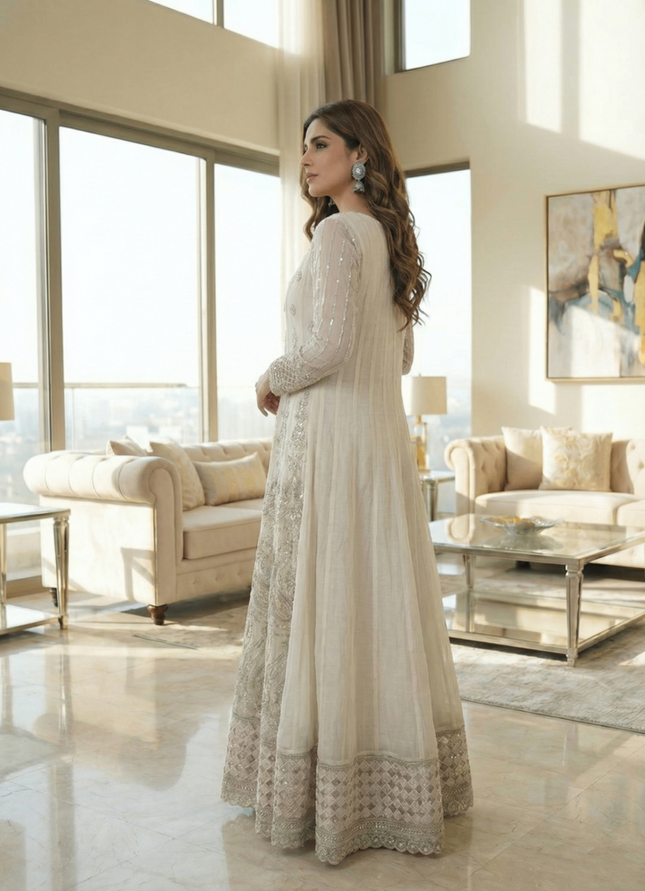 Ladies Embroidered Off White Organza Shalwar Kameez Online in UK USA Canada