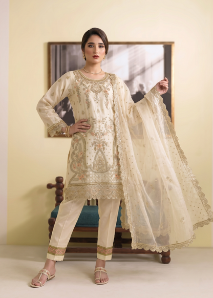 Ladies Embroidered Off White Organza Suit Online in UK USA Canada
