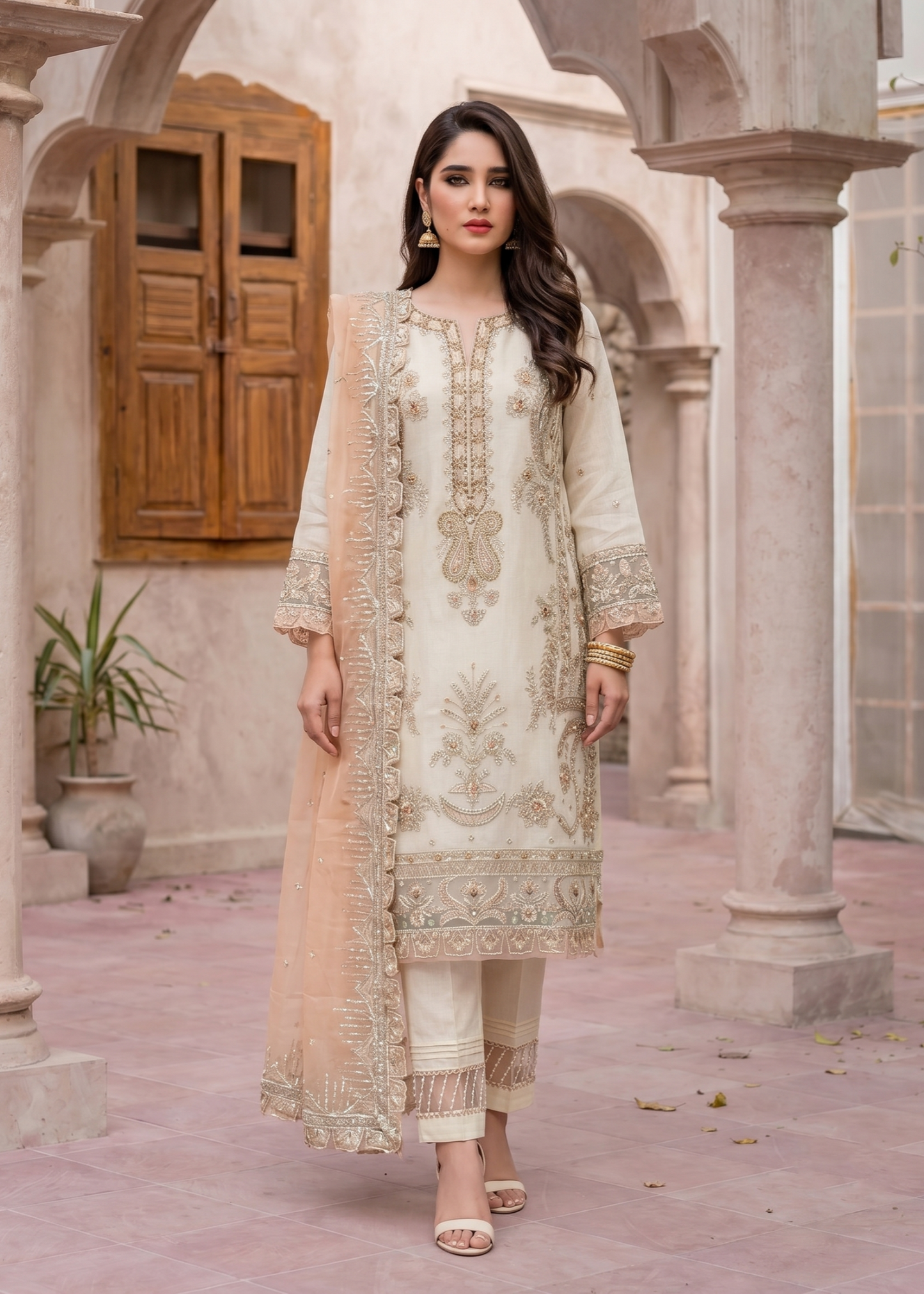 Ladies Embroidered Off-White Organza Suit Online in UK USA Canada