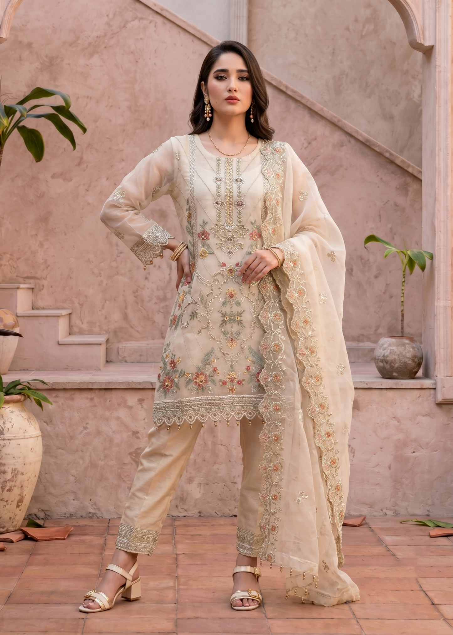 Ladies Embroidered Off-White Organza Suit Online in UK USA Canada