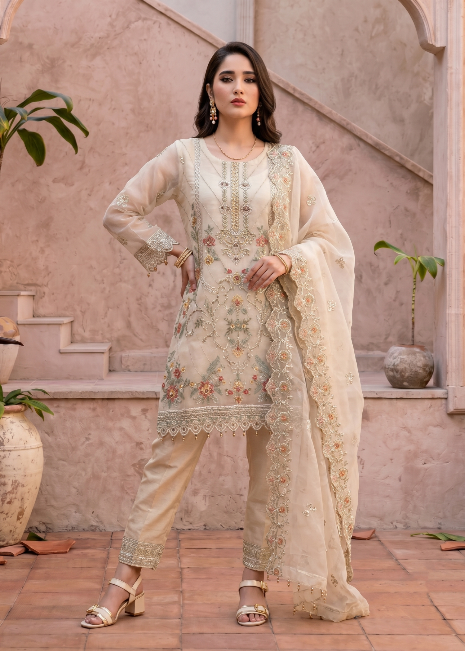 Ladies Embroidered Off-White Organza Suit Online in UK USA Canada