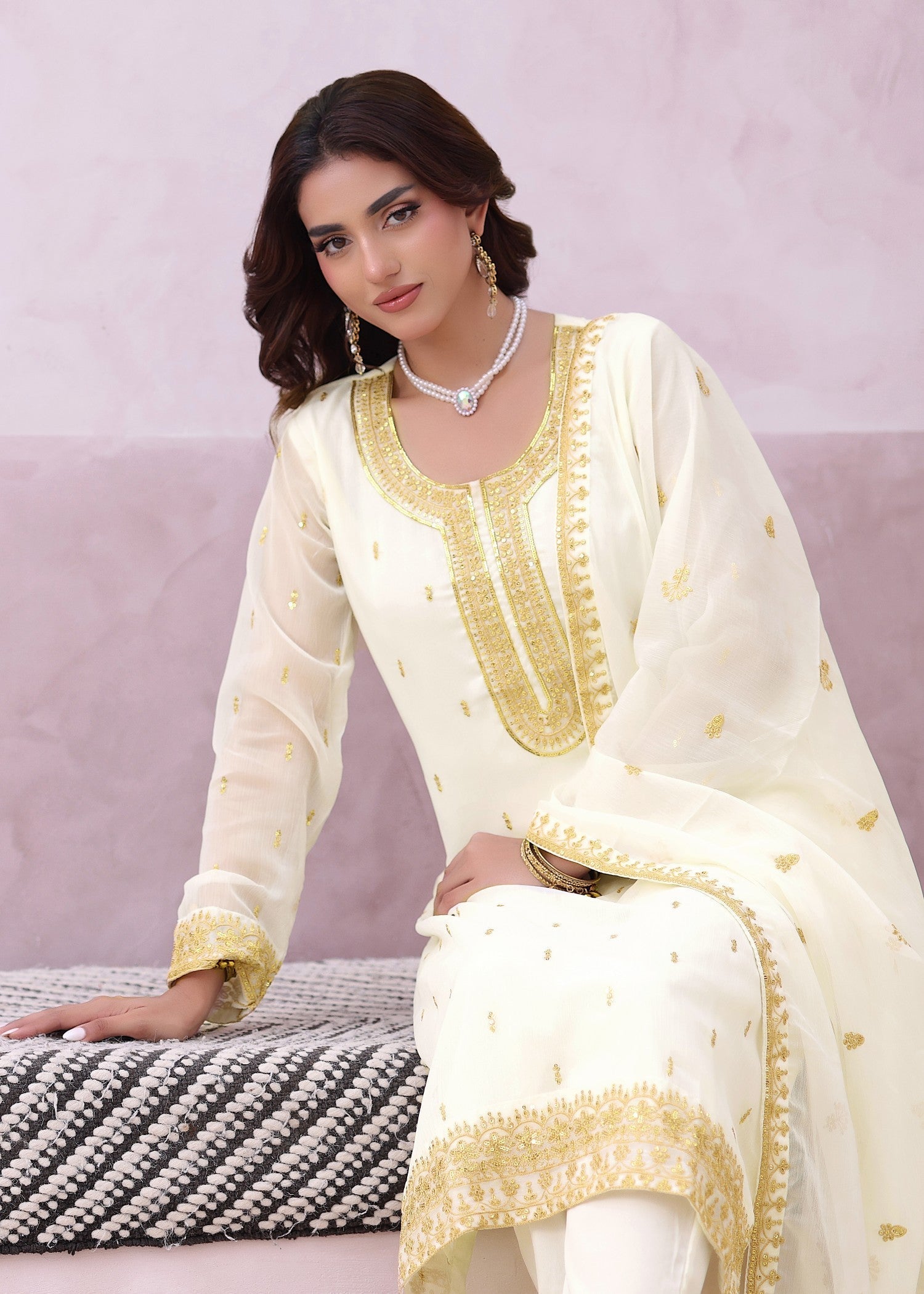 Ladies Embroidered Off White Partywear Suit Online in UK USA Canada