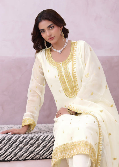 Ladies Embroidered Off White Partywear Suit Online in UK USA Canada