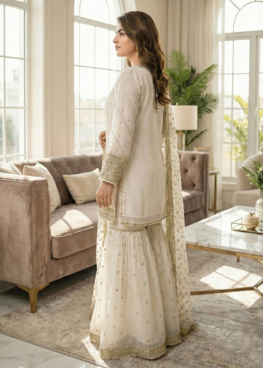 Ladies Embroidered Off-White Shalwar Kameez Online in UK USA Canada