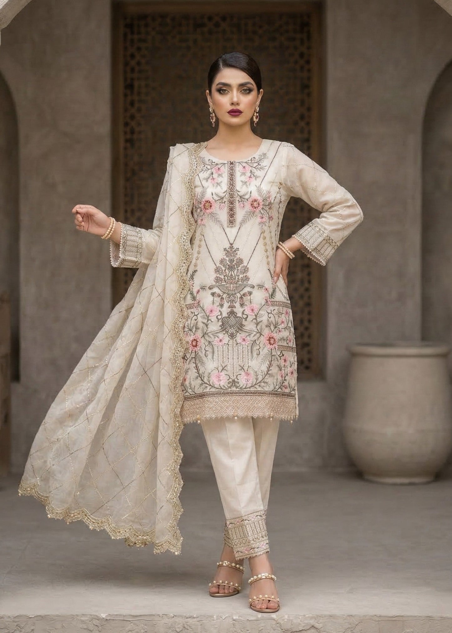 Ladies Embroidered Off White Shalwar Kameez Online in UK USA Canada