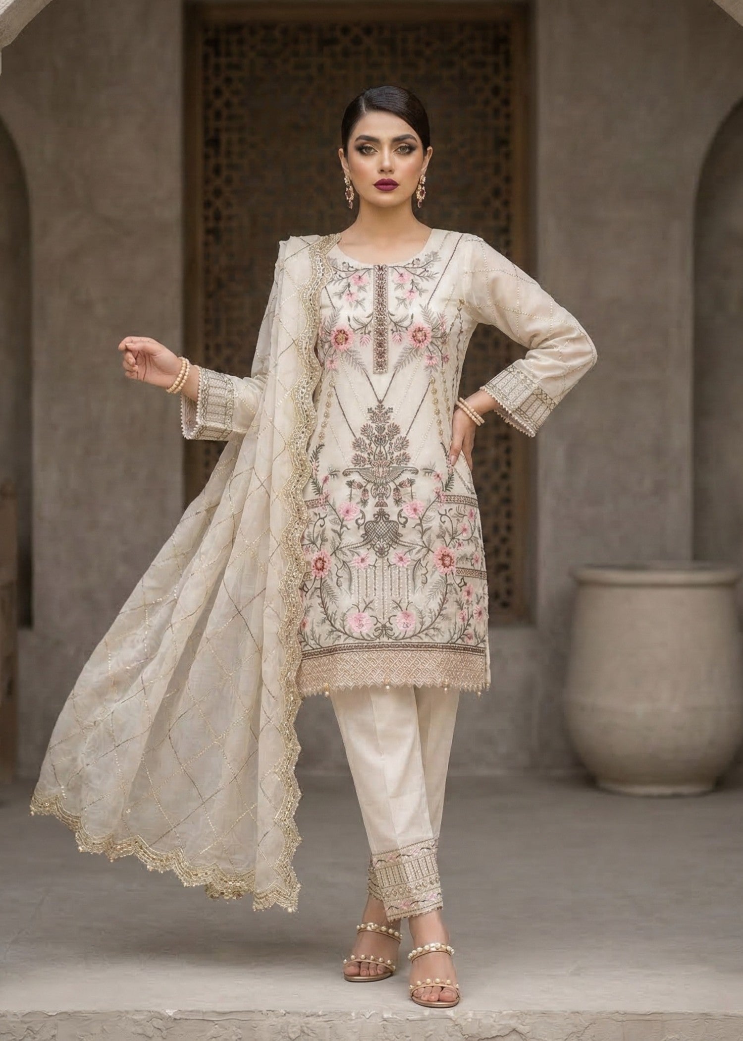 Ladies Embroidered Off White Shalwar Kameez Online in UK USA Canada
