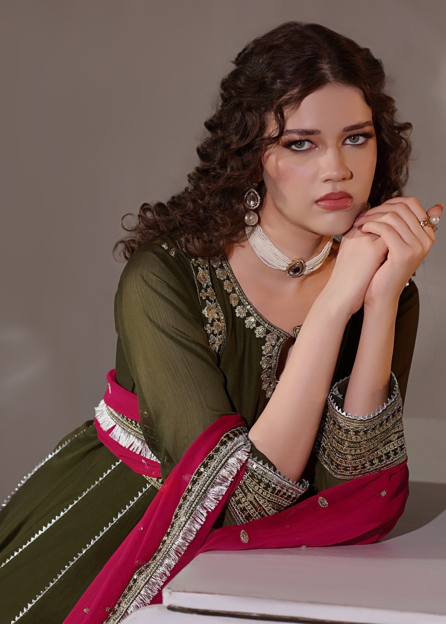 Ladies Embroidered Olive Green Chiffon Partywear Suit Online in UK USA Canada
