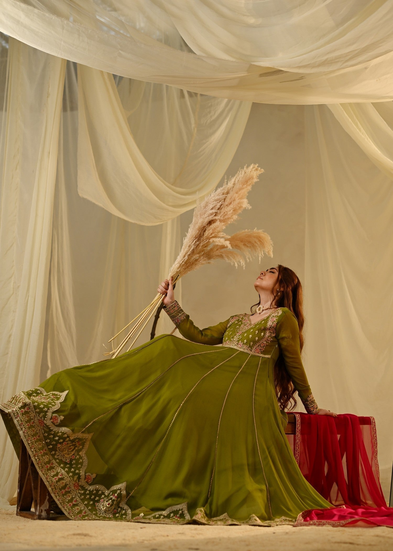 Ladies Embroidered Olive Green Chiffon Pishwas Online in UK USA Canada