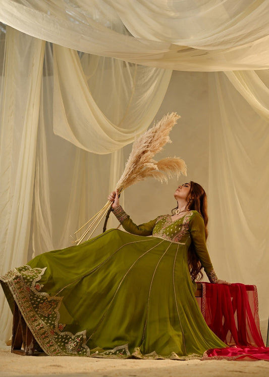 Ladies Embroidered Olive Green Chiffon Pishwas Online in UK USA Canada