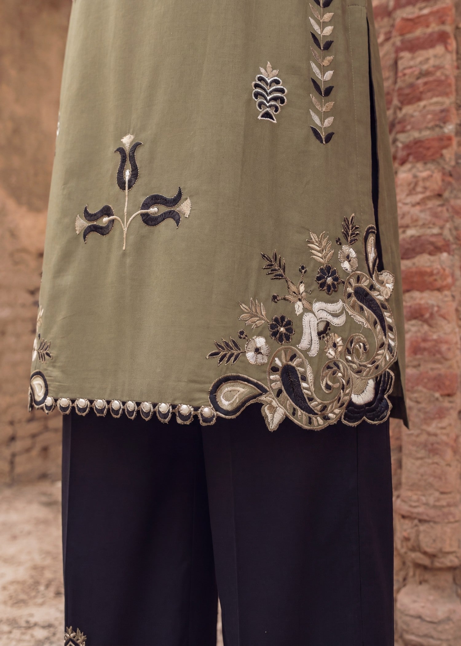 Ladies Embroidered Olive Green Kurta Set Online in UK USA Canada