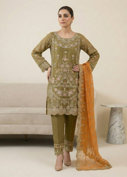 Ladies Embroidered Olive Green Organza Kurta Online in UK USA Canada
