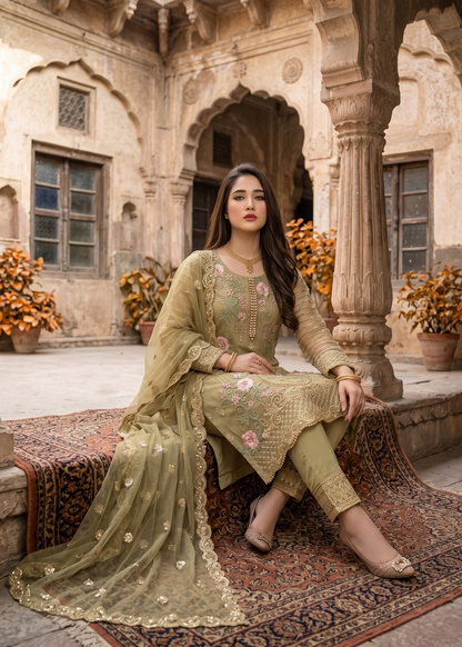 Ladies Embroidered Olive Green Organza Suit Online in UK USA Canada