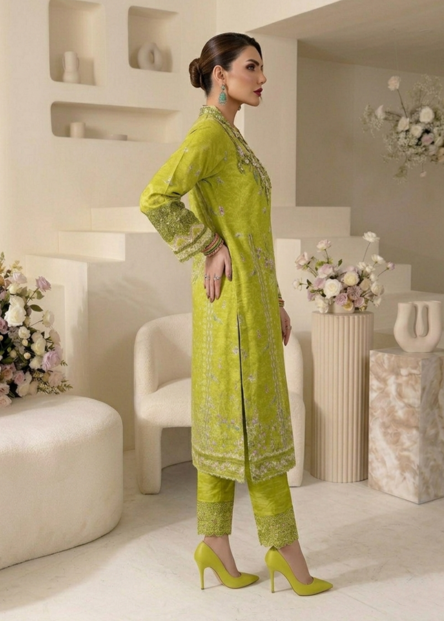 Ladies Embroidered Olive Green Raw Silk Shalwar Kameez Online in UK USA Canada