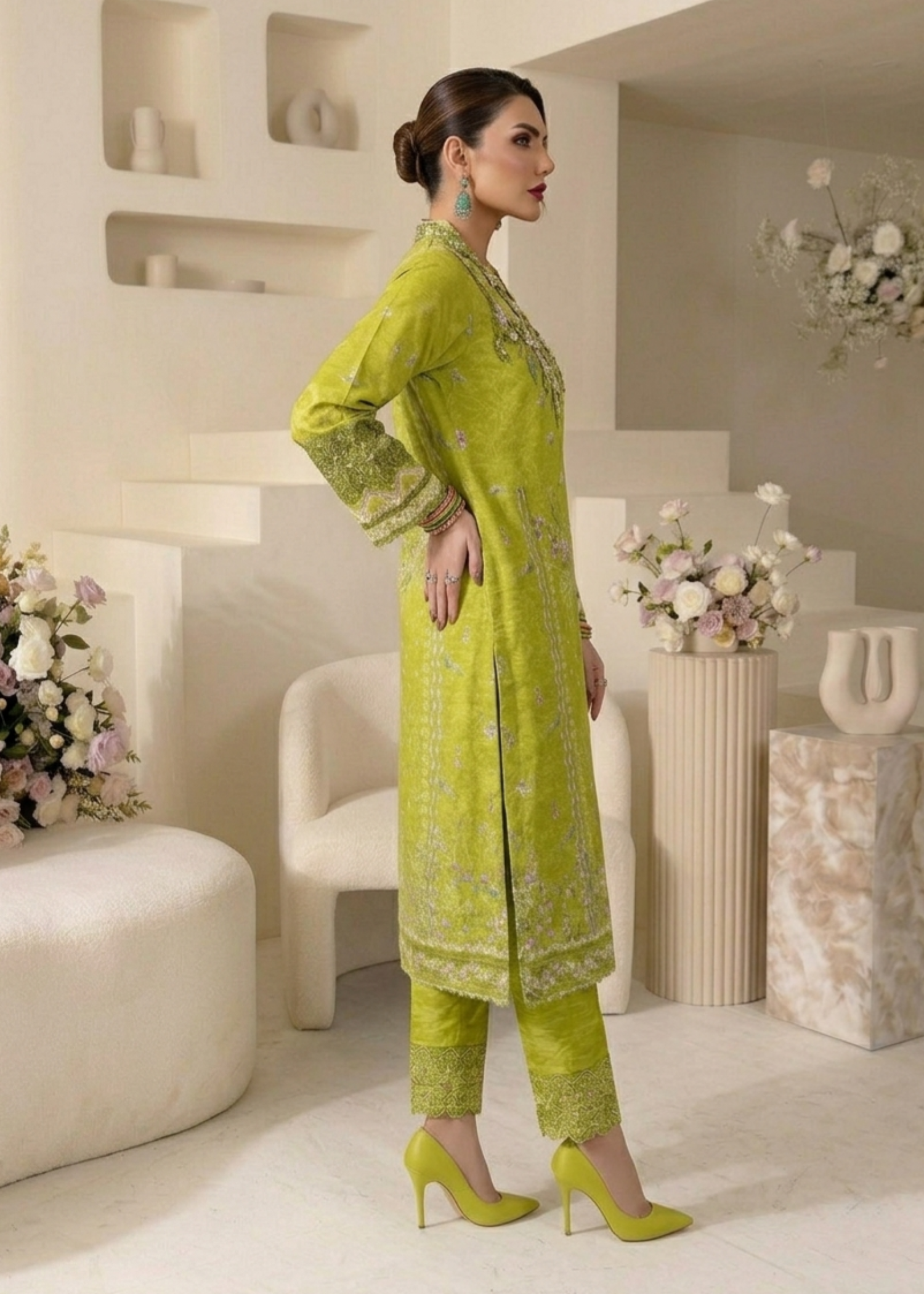 Ladies Embroidered Olive Green Raw Silk Shalwar Kameez Online in UK USA Canada