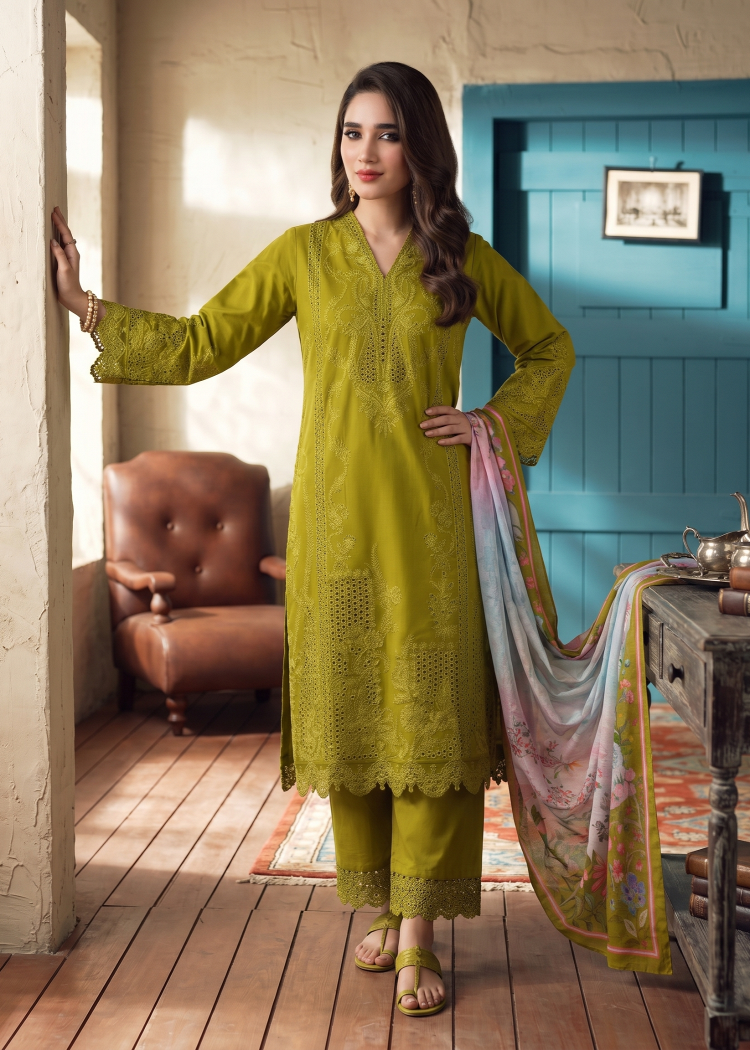 Ladies Embroidered Olive Green Shalwar Kameez Online in UK USA Canada