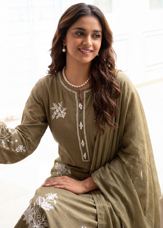 Ladies Embroidered Olive Green Shalwar Kameez Online in UK USA Canada