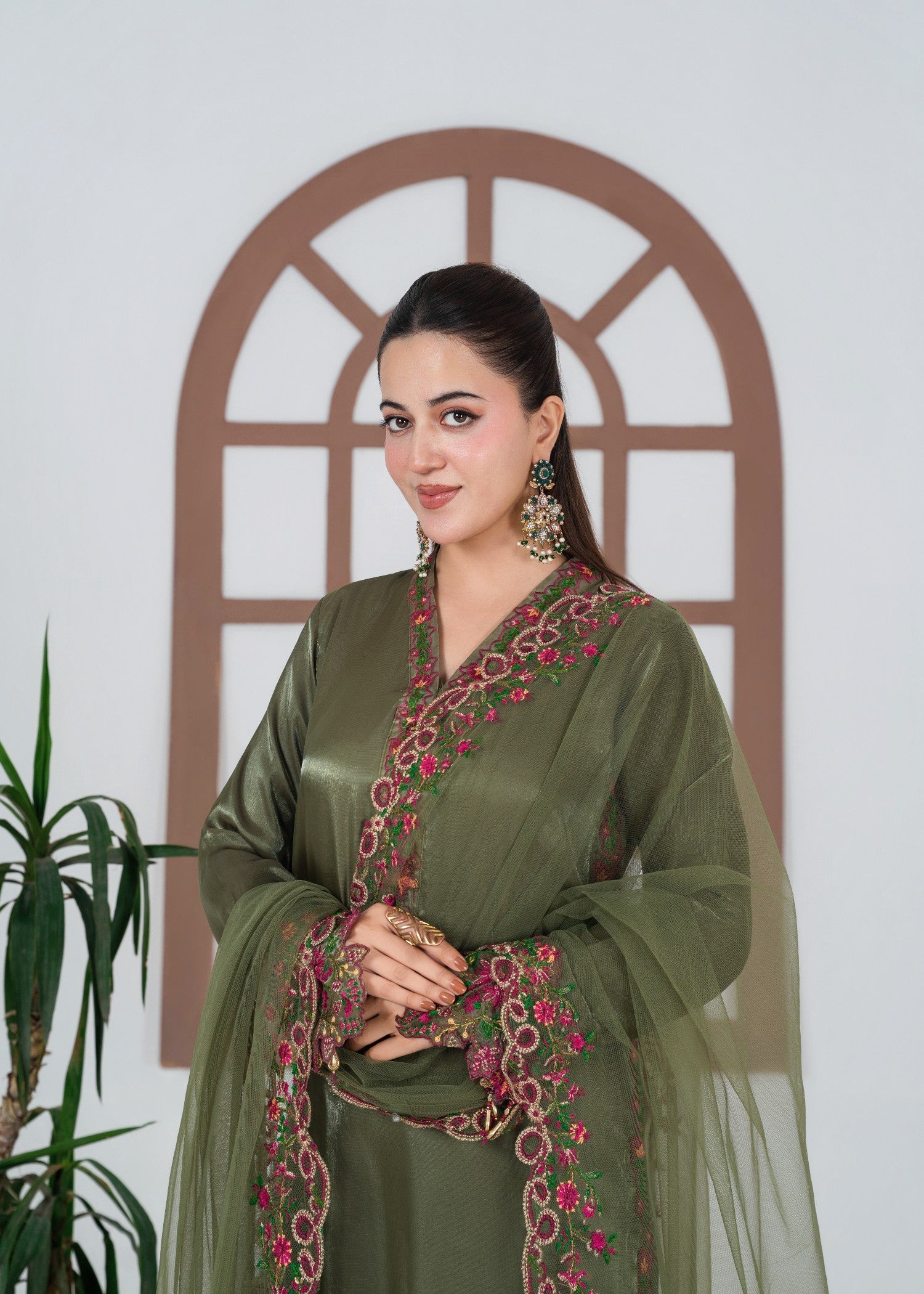 Ladies Embroidered Olive Green Silk Shalwar Kameez Online in UK USA Canada