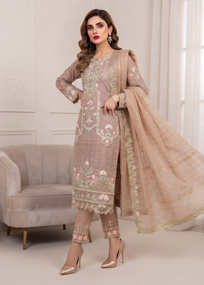 Ladies Embroidered Organza Almond Brown Suit Online in UK USA Canada
