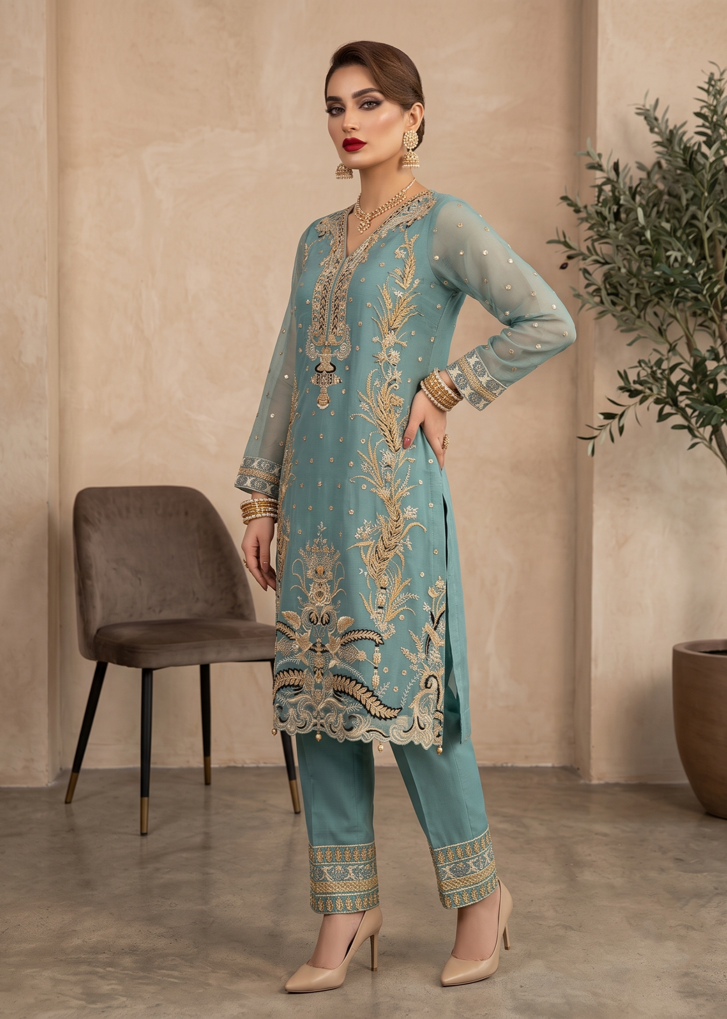 Ladies Embroidered Organza Festive Suit Online in UK USA Canada