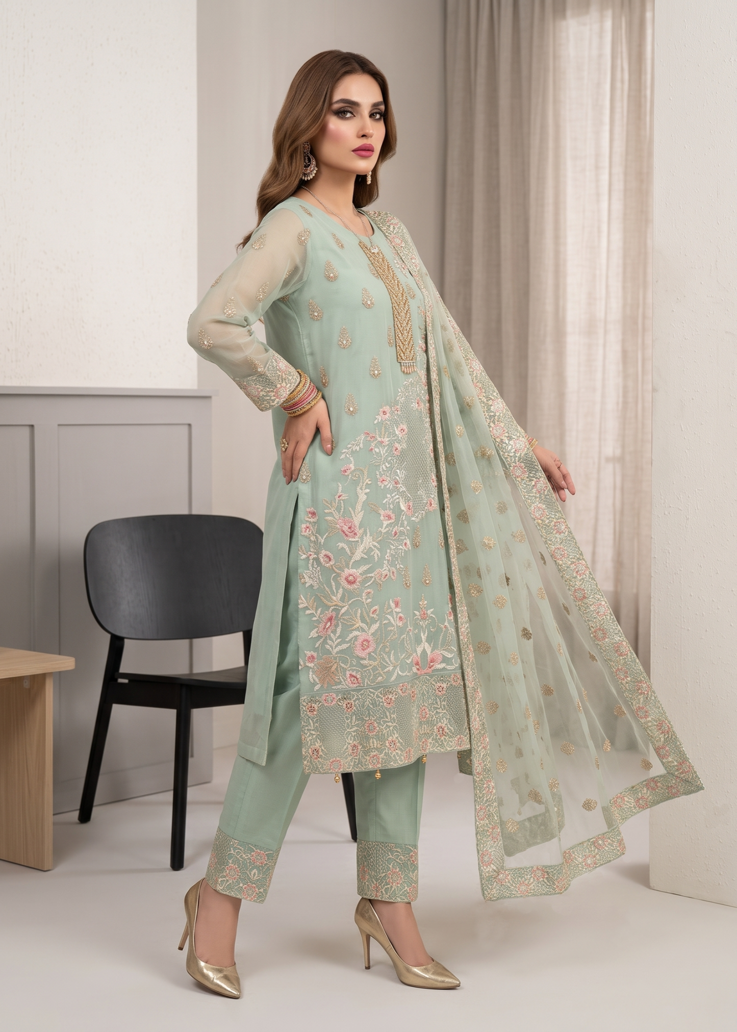 Ladies Embroidered Organza Shalwar Kameez Online in UK USA Canada