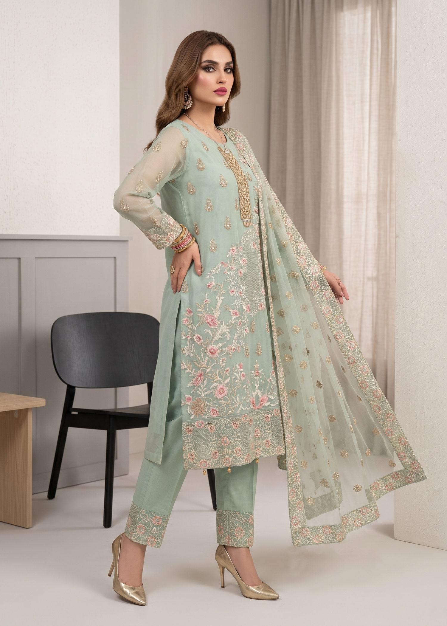 Ladies Embroidered Organza Shalwar Kameez Online in UK USA Canada