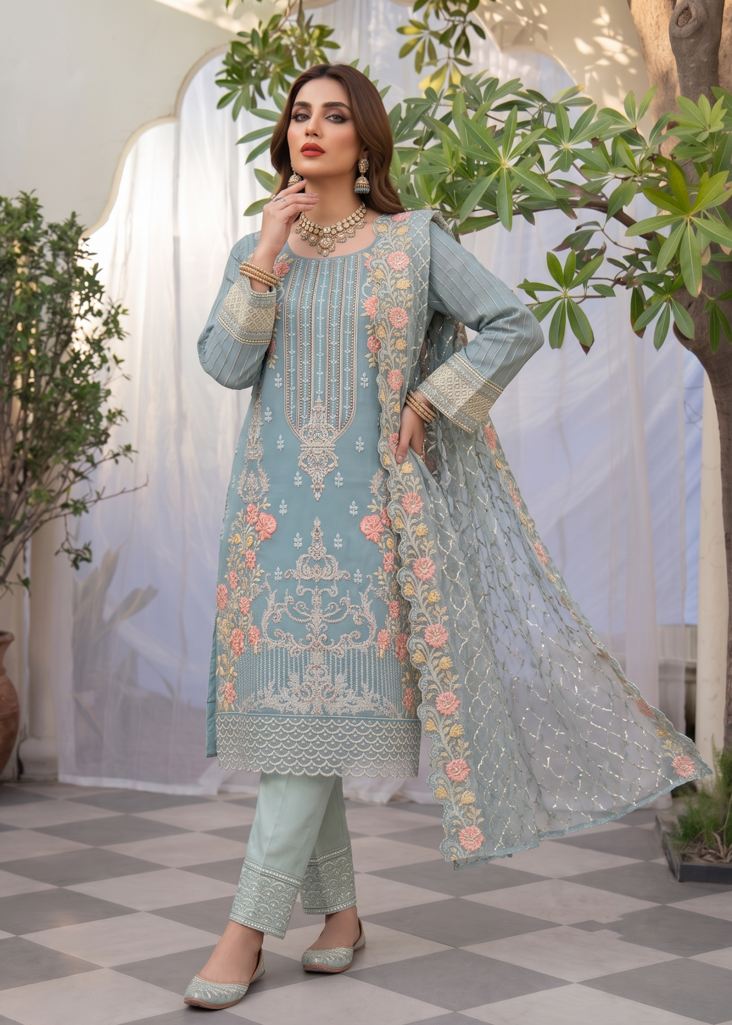 Ladies Embroidered Organza Shalwar Kameez Online in UK USA Canada