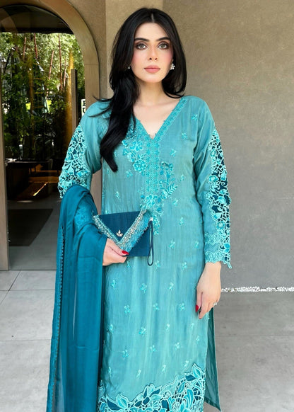 Ladies Embroidered Pacific Blue Chiffon Dupatta Suit Online in UK USA Canada
