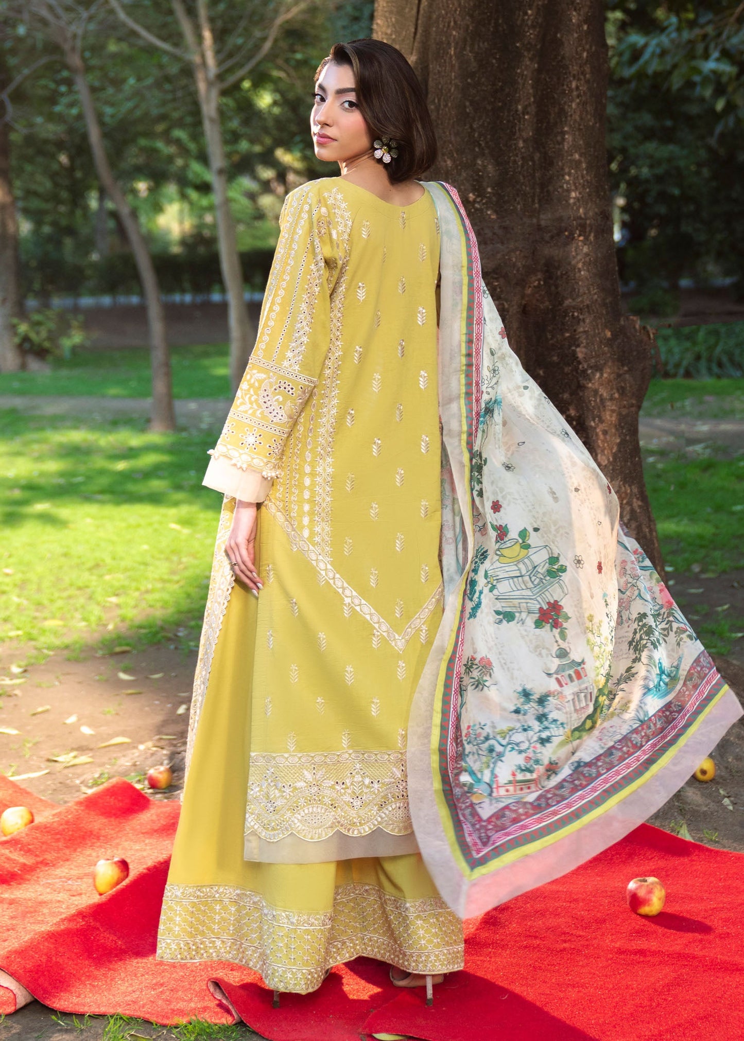 Ladies Embroidered Pale Yellow Chiffon Dupatta Suit Online in UK USA Canada