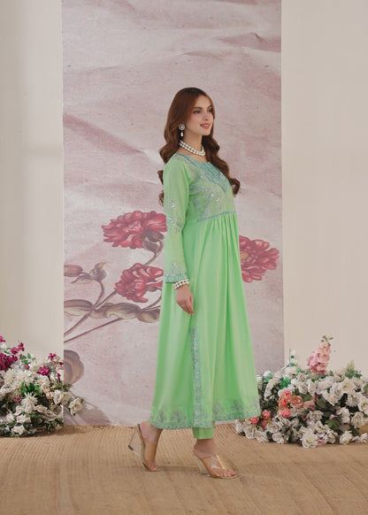 Ladies Embroidered Pastel Green Lawn Kaftan Set Online in UK USA Canada