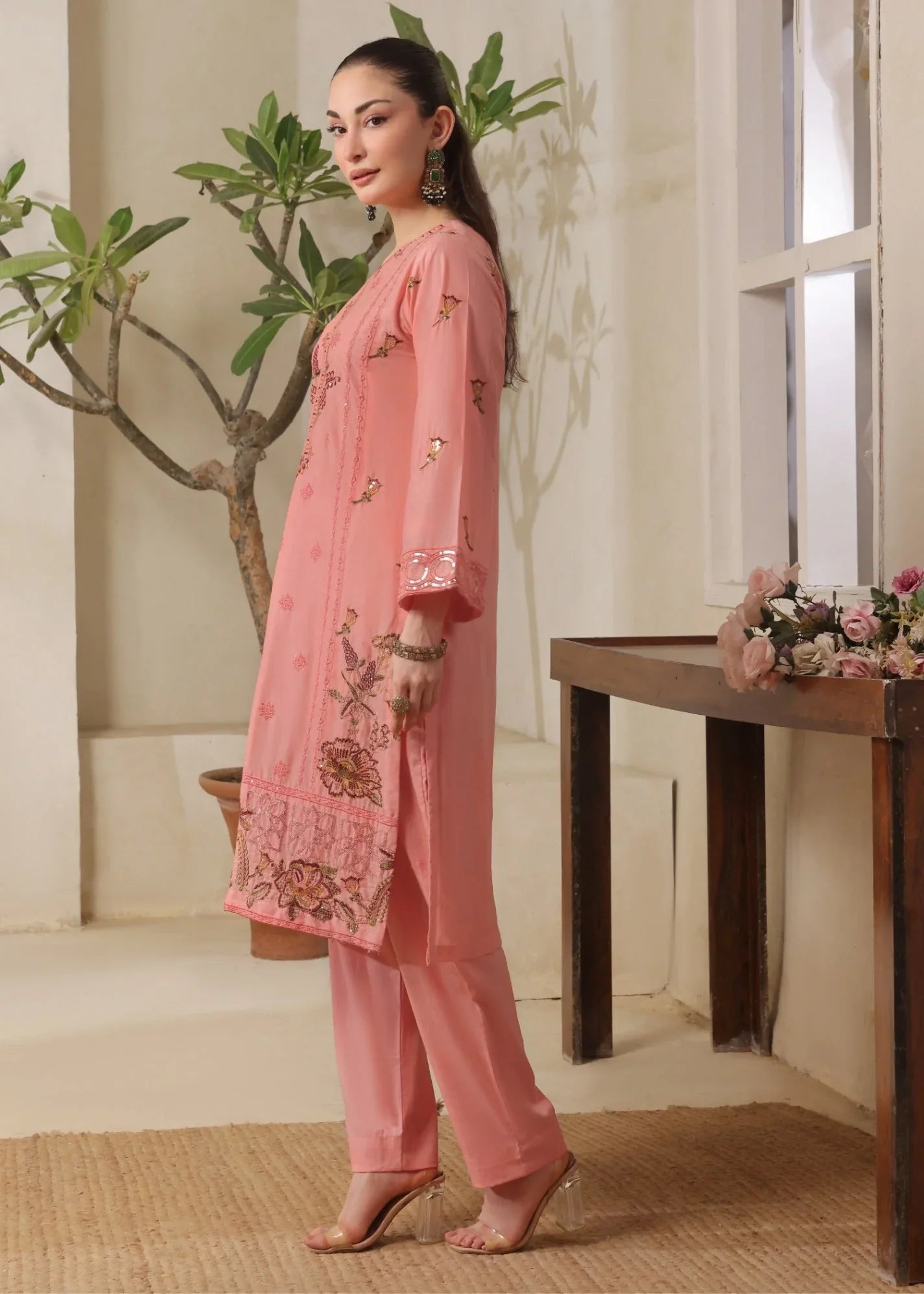 Ladies Embroidered Peach Cotton Suit Online in UK USA Canada