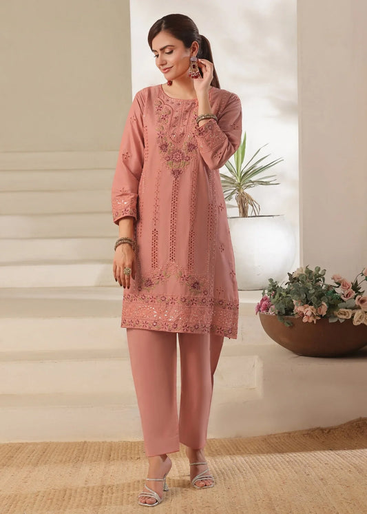Ladies Embroidered Peach Lawn Kurta Set Online in KSA Riyadh Saudi Arabia Oman Bahrain Qatar
