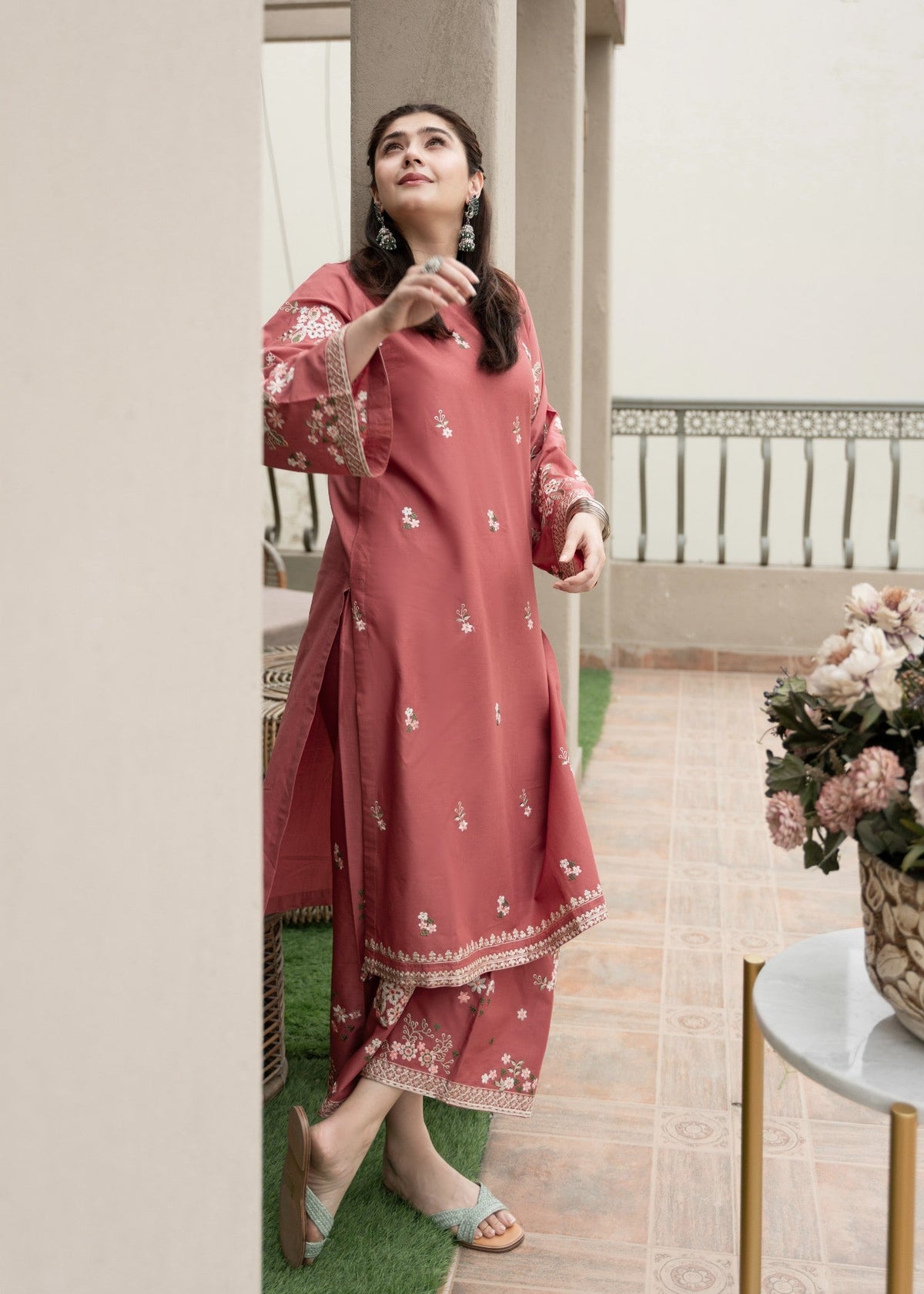 Ladies Embroidered Peach Lawn Kurta Trouser Online in UK USA Canada