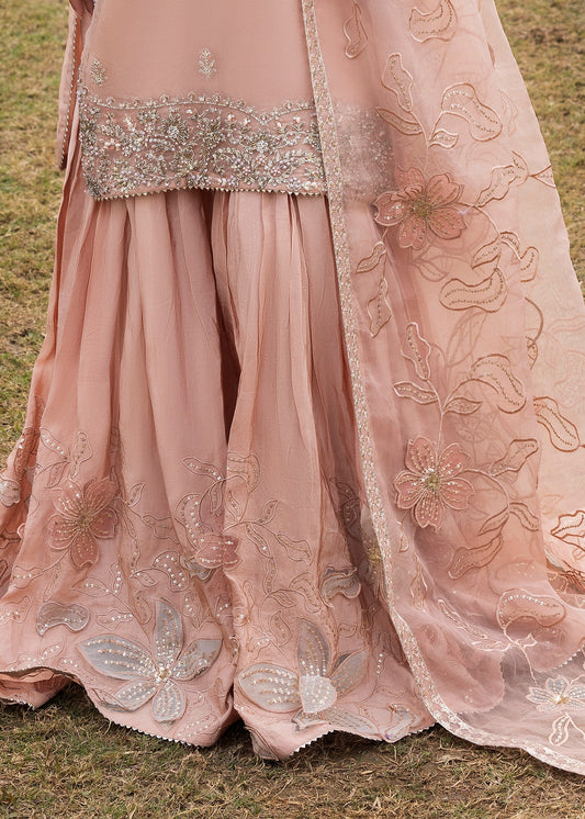 Ladies Embroidered Peach Organza Farshi Shalwar Online in UK USA Canada