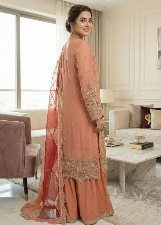 Ladies Embroidered Peach Organza Salwar Kameez Online in UK USA Canada