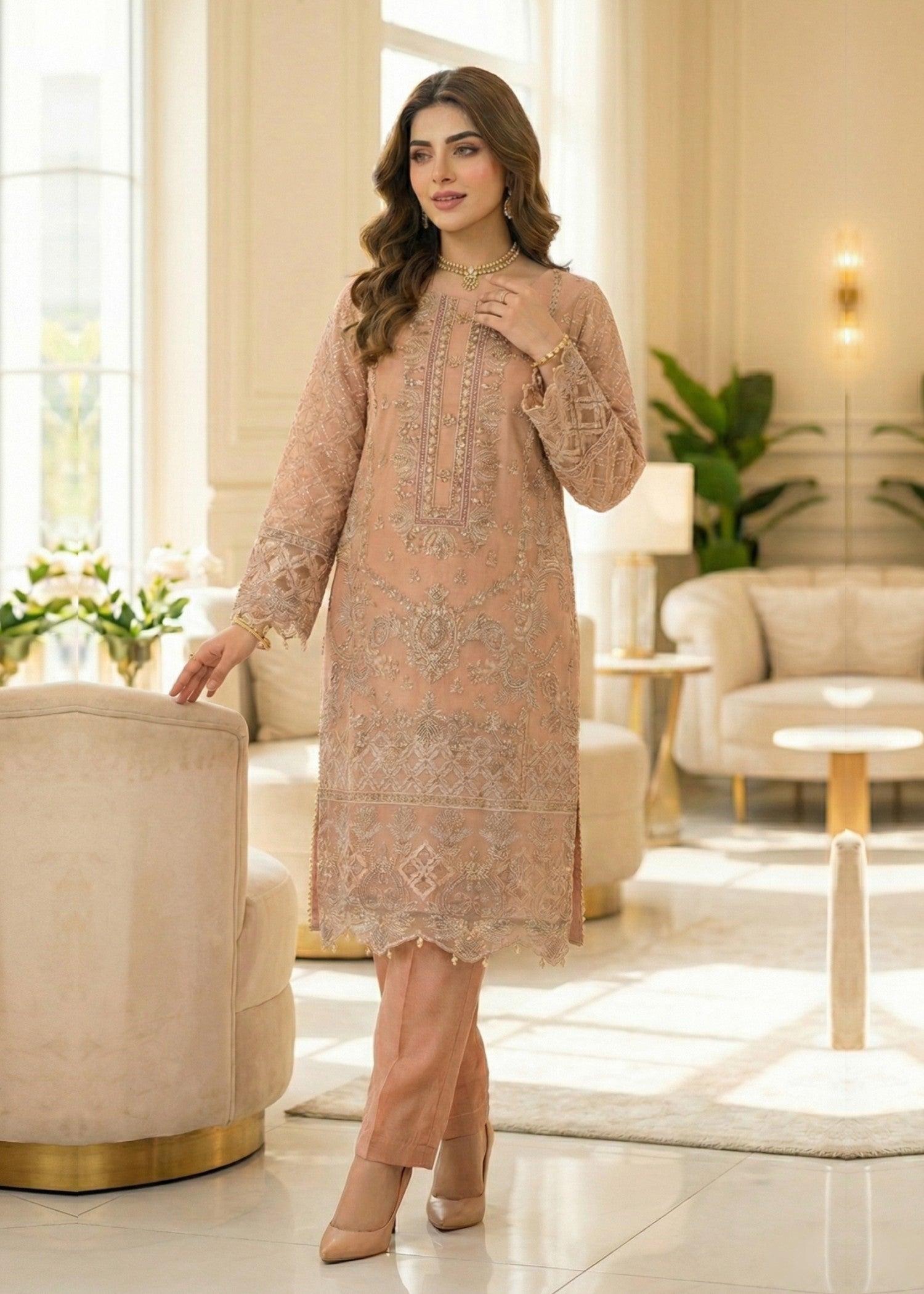 Ladies Embroidered Peach Organza Shalwar Kameez Online in UK USA Canada