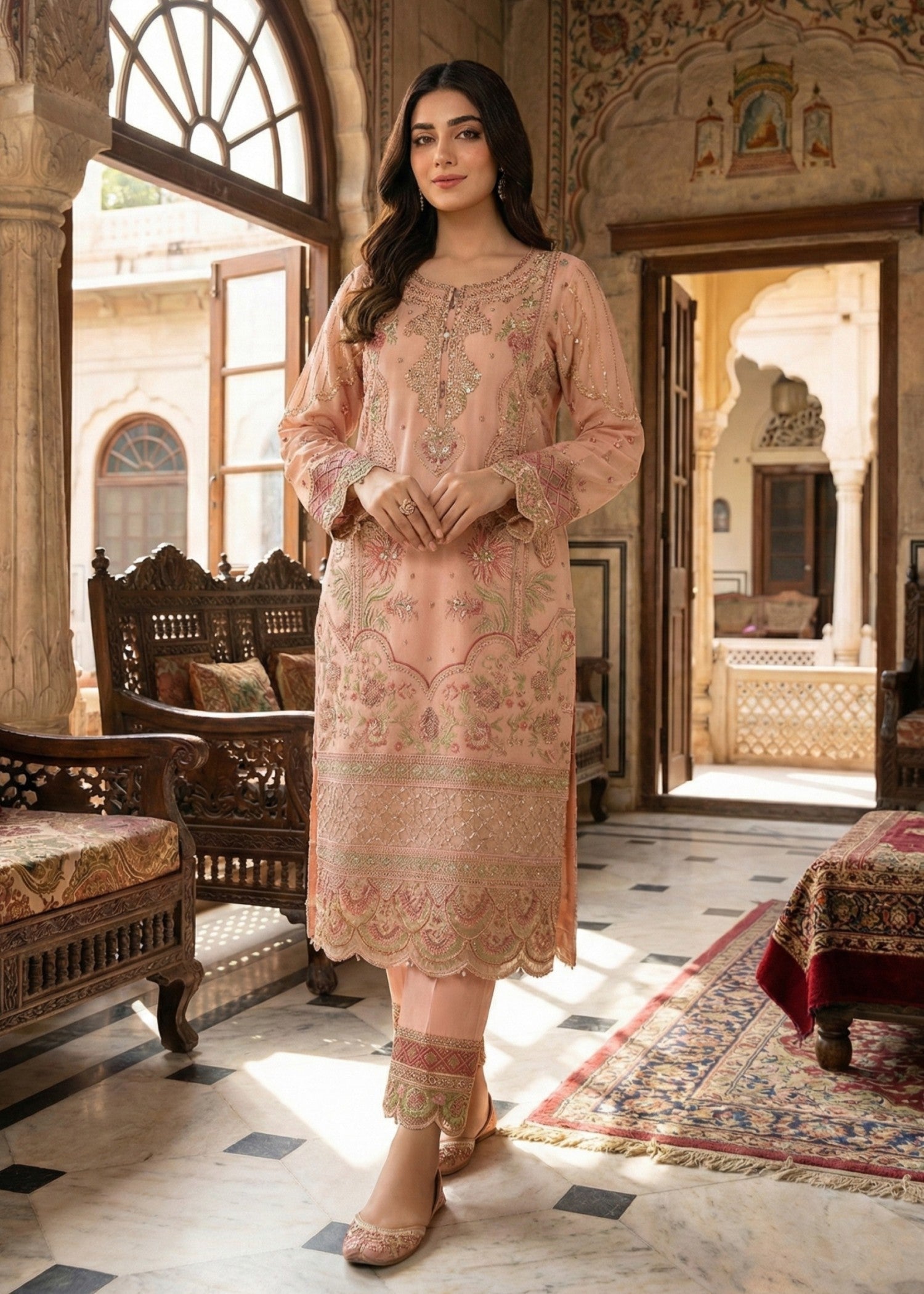 Ladies Embroidered Peach Partywear Salwar Suit Online in UK USA Canada