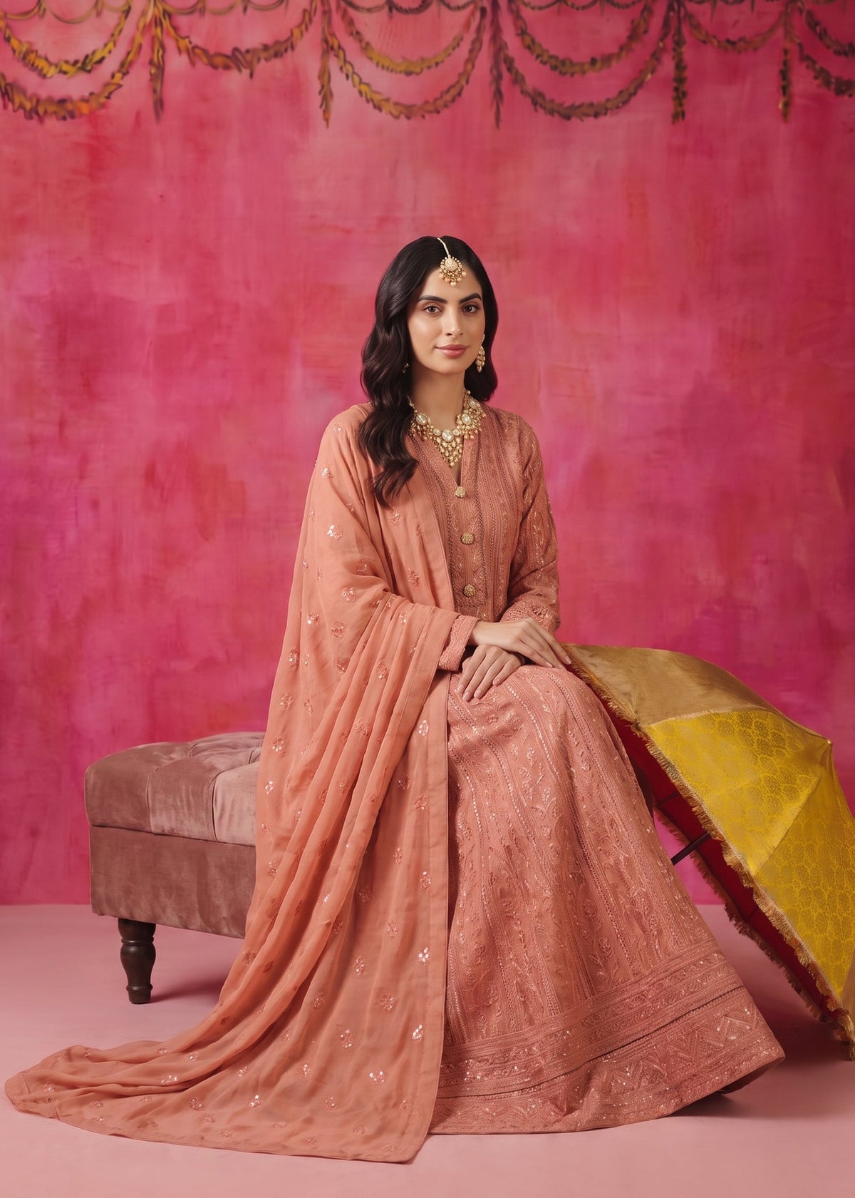 Ladies Embroidered Peach Pink Chiffon Partywear Suit Online in UK USA Canada