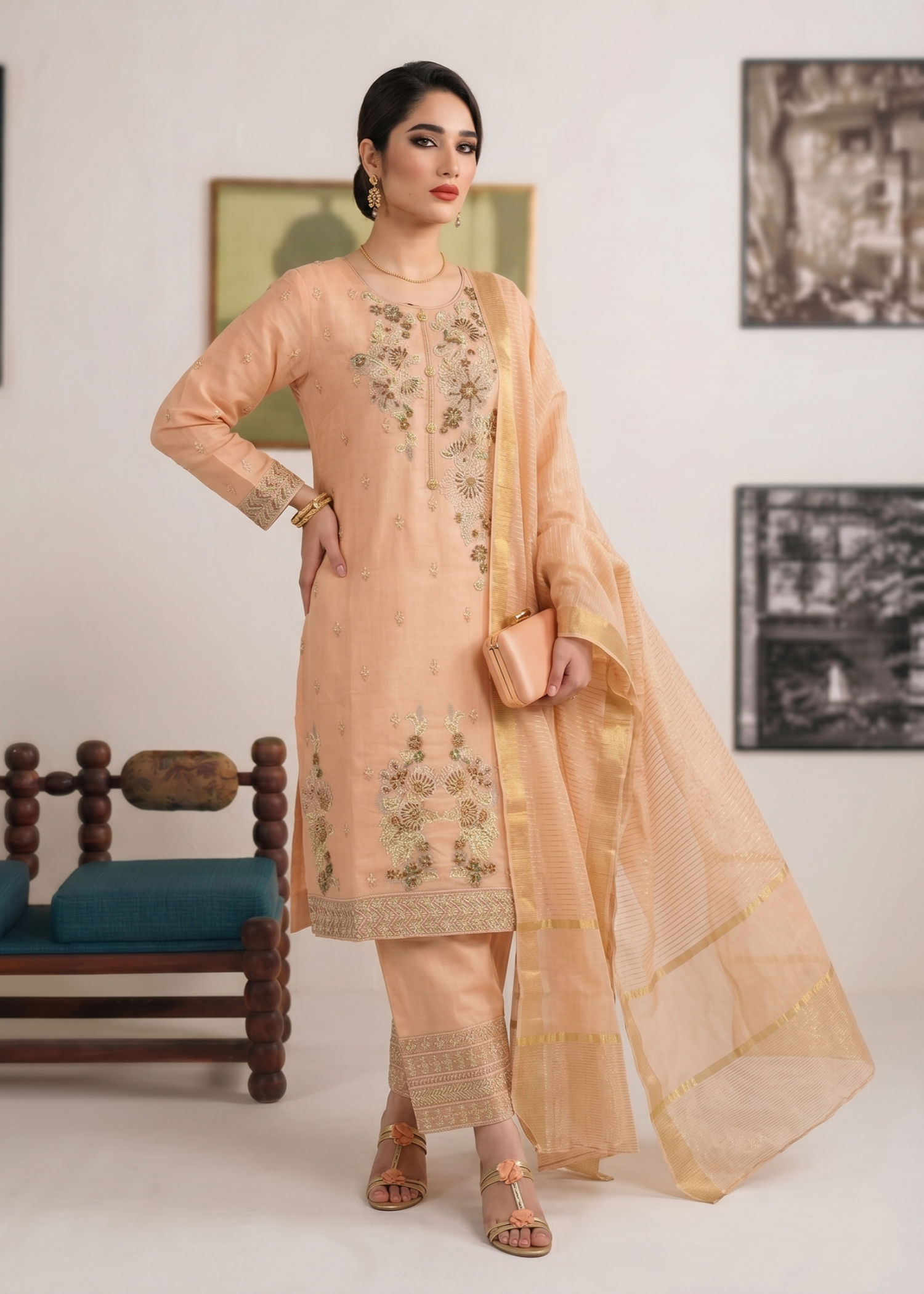 Ladies Embroidered Peach Pink Cotton Shalwar Kameez Online in UK USA Canada