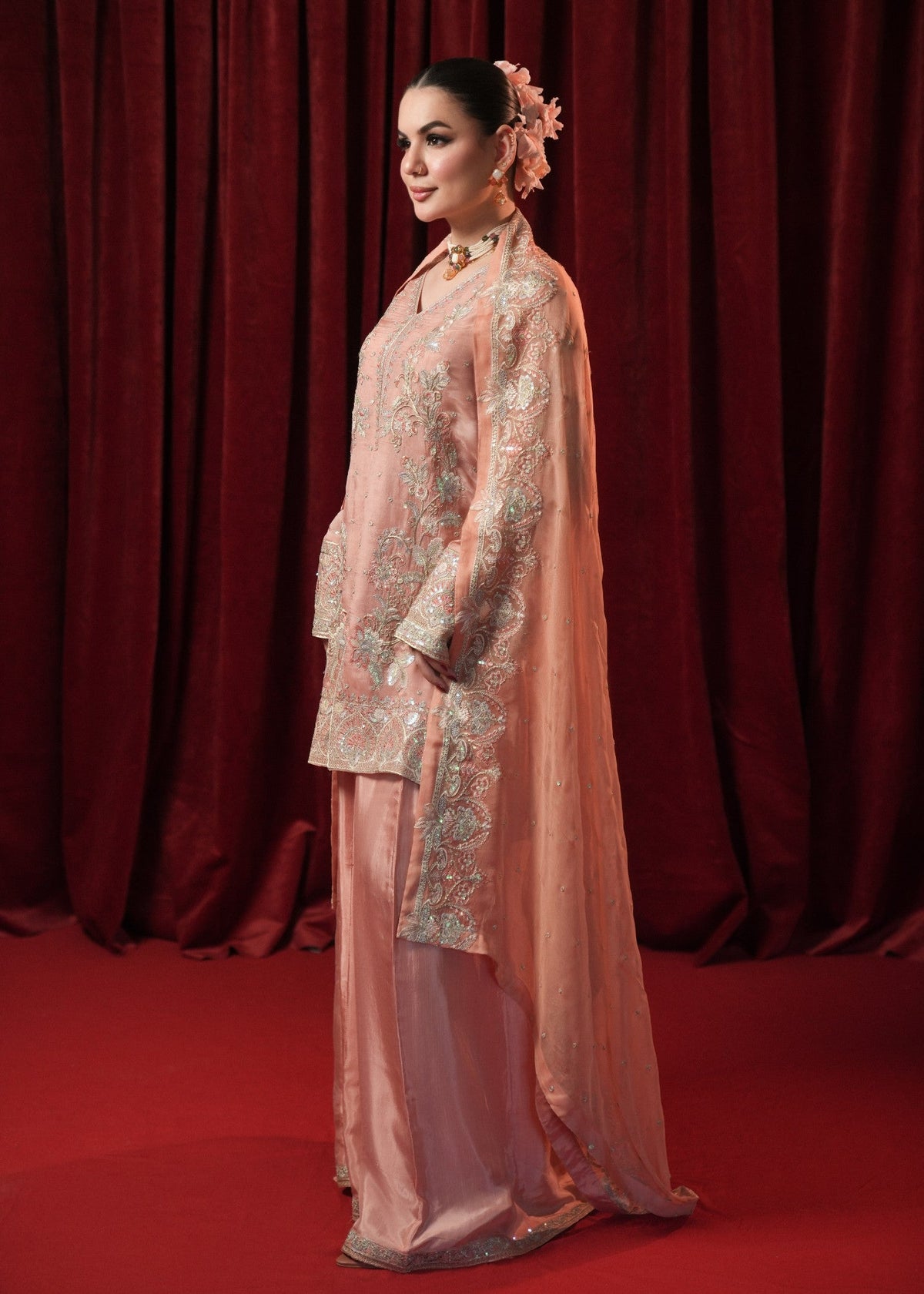 Ladies Embroidered Peach Pink Georgette Chiffon Sharara Gharara Online in UK USA Canada