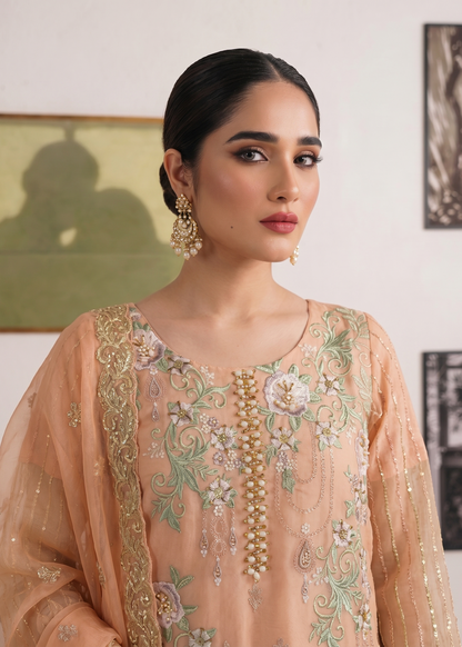 Ladies Embroidered Peach Pink Organza Suit Online in KSA Riyadh Saudi Arabia Oman Bahrain Qatar