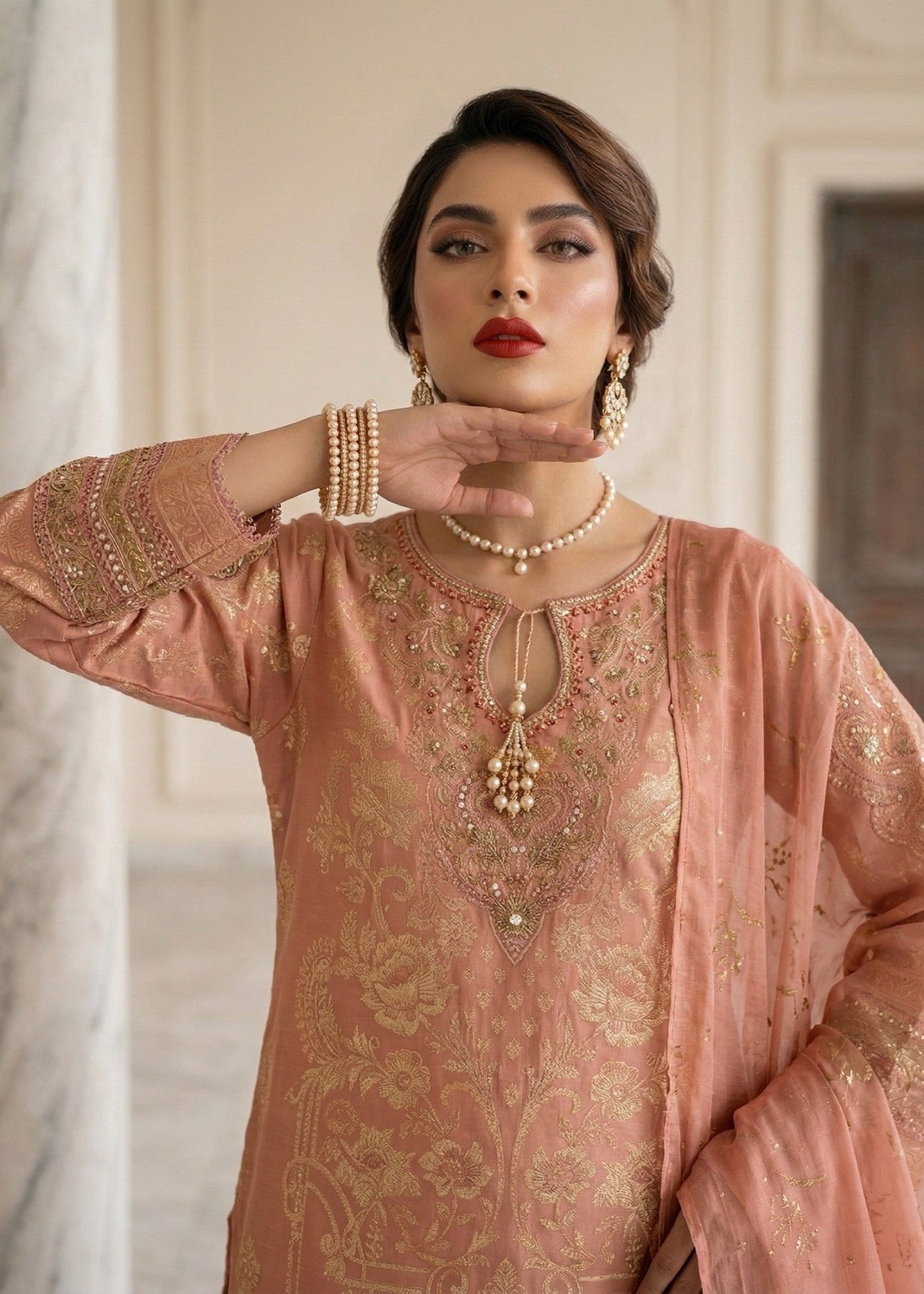 Ladies Embroidered Peach Pink Pakistani Suit Online in Sri Lanka India Australia