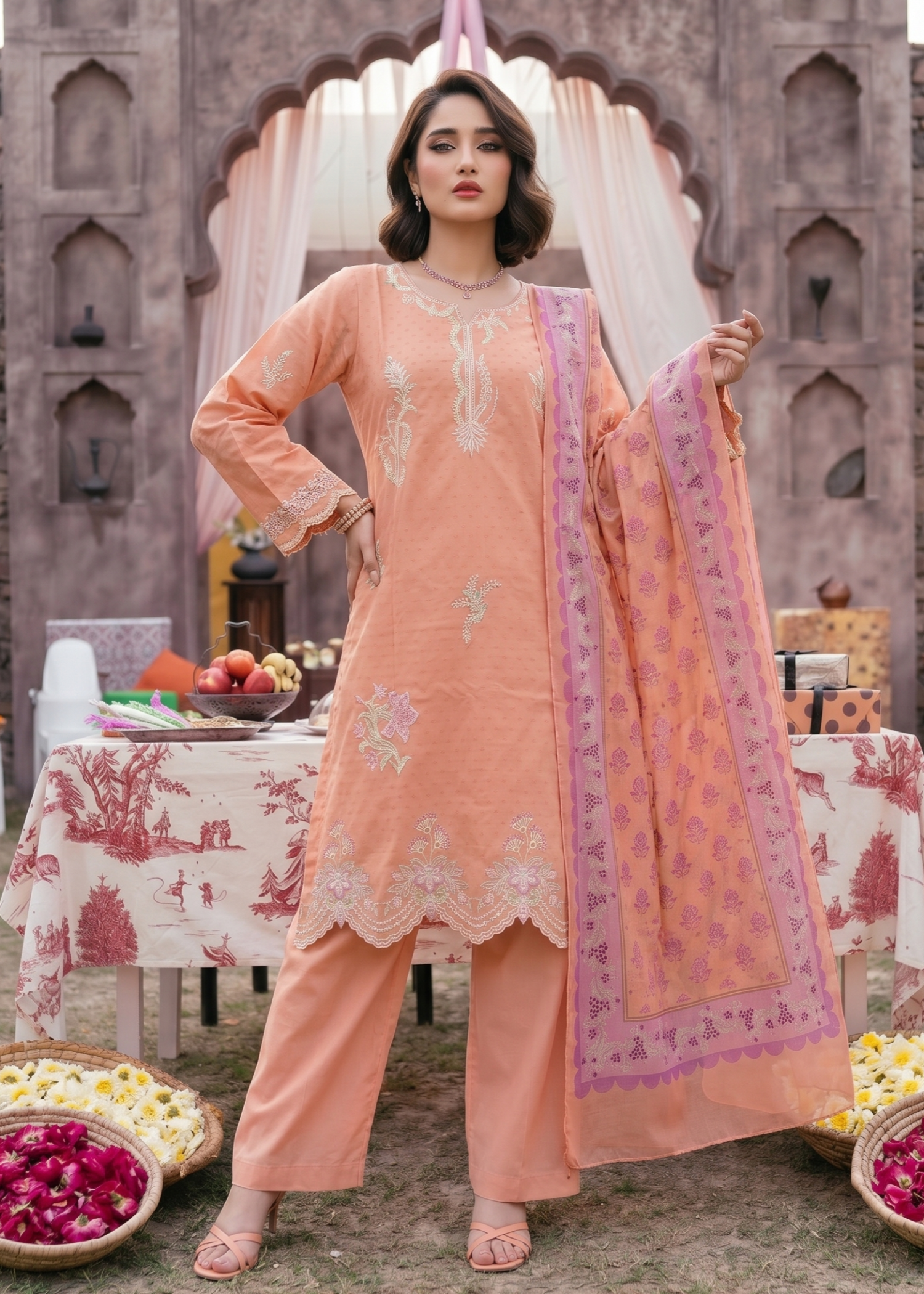 Ladies Embroidered Peach Pink Salwar Suit Online in UK USA Canada