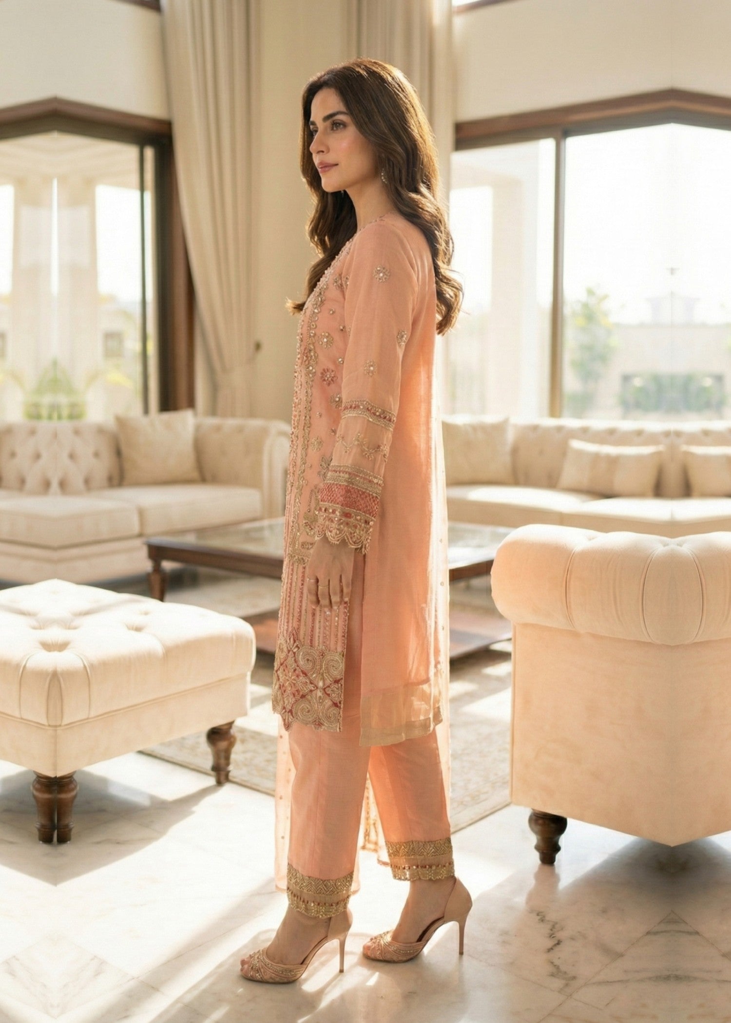Ladies Embroidered Peach Pink Shalwar Kameez Online in UK USA Canada